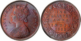 INDIA. British India. 1/4 Anna, 1882-C. Calcutta Mint. Victoria. PCGS MS-64 Brown Gold Shield.

S&W-6.495; KM-486. A gorgeous coin with sharp strike, ...