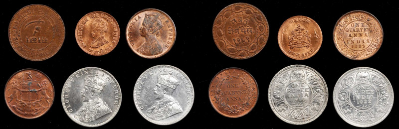 INDIA. Assorted Types (6 Pieces), 1858-1949. Grade Range: ALMOST UNCIRCULATED to...