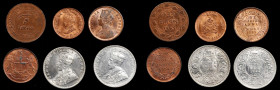 INDIA. Assorted Types (6 Pieces), 1858-1949. Grade Range: ALMOST UNCIRCULATED to UNCIRCULATED.

Silver and copper issues from British India (4), along...