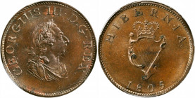 IRELAND. 1/2 Penny, 1805. George III. PCGS MS-64+ Brown Gold Shield.

S-6621; KM-147.1. A pleasing example of the type with shimmering satiny luster a...