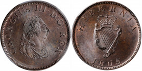 IRELAND. 1/2 Penny, 1805. George III. PCGS MS-65 Brown Gold Shield.

S-6621; KM-147.1. A pleasing Gem with full cartwheel luster and deep brown patina...