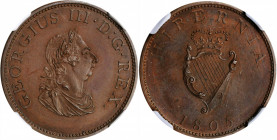 IRELAND. 1/2 Penny, 1805. George III. NGC PROOF-64 Brown.

S-6621; KM-147.1. Variety with engrailed edge. An attractive, crisply struck Proof with sub...