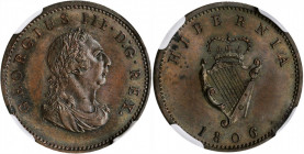 IRELAND. 1/4 Pence, 1806. NGC PROOF-63 Brown.

S-6622; KM-146.1. Variety with engrailed edge. A crisply struck and pleasing Proof Farthing, with faint...