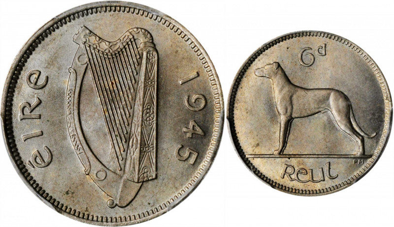 IRELAND. 6 Pence, 1945. PCGS MS-65 Gold Shield.

S-6641; KM-13a. Pop: 5, only tw...