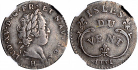 ISLES DU VENT. 12 Sols, 1731-H. La Rochelle Mint. Louis XV. NGC VF-30.

KM-C-2; Prid-6. A moderately worn coin with decent remaining detail, and even ...