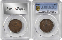 ITALY. Gaeta. 2 Baiocchi, 1848. Pius IX. PCGS MS-64 Red Brown Gold Shield.

KM-X1. A private issue, struck for use in Gaeta, where the Pope took refug...