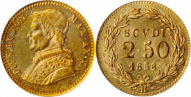 ITALY. Papal States. 2-1/2 Scudi, Year XII (1858)-R. Rome Mint. Pius IX. PCGS AU-58.

Fr-273; KM-1117; Berman-3306. A well struck coin with burnt oran...