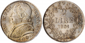 ITALY. Papal States. 2 Lire, Year XXII (1867)-R. Rome Mint. Pius IX. PCGS MS-65 Gold Shield.

KM-1379.2. A softly lustrous and pleasing Gem with mediu...