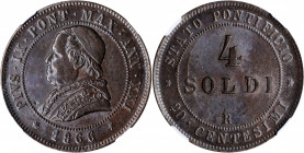 ITALY. Papal States. 4 Soldi, 1866-R Year XXI. Rome Mint. Pius IX. NGC MS-62 Brown.

KM-1374; Gig-319. A pleasing example of the type, with very dark ...