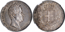 ITALY. Sardinia. 5 Lire, 1837-P. Genoa Mint. Carlo Alberto. NGC AU-58.

KM-130.2. A boldly struck and handsome example of the type, with medium to dar...