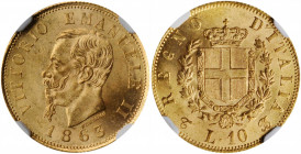 ITALY. 10 Lire, 1863-T BN. Turin Mint. Vittorio Emanuele II. NGC MS-65.

Fr-15; KM-9.2. A bright Gem with blazing luster and overall great eye appeal....