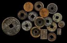 JAPAN. Pre-reform Coinage (16 Pieces). Grade Range: FINE to VERY FINE.

A varied selection of cast Cash-type coinage (12), silver Shu and Bu (2), and ...