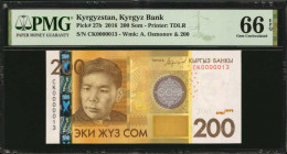 KYRGYZSTAN. Kyrgyz Bank. 200 Som, 2016. P-27b. Low Serial Number. PMG Gem Uncirculated 66 EPQ.

Serial Number 13.

Estimate: $30.00-$50.00