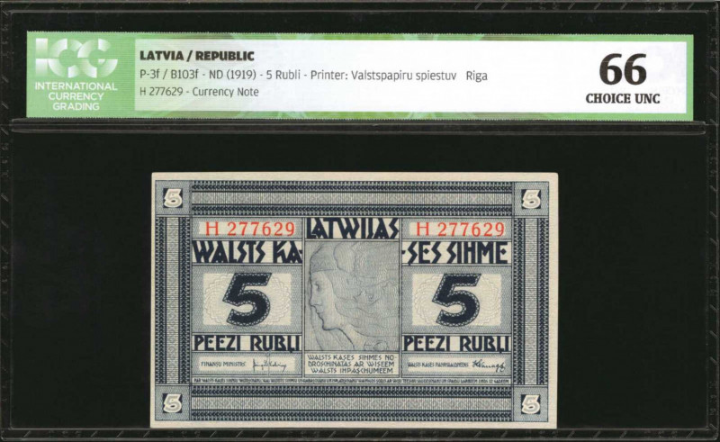 LATVIA. Government Currency Note. 5 Rubli, ND (1919). P-3f. ICG Choice Uncircula...