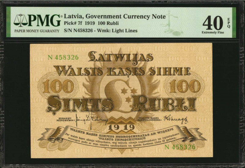 LATVIA. Government Currency Note. 100 Rubli, 1919. P-7f. PMG Extremely Fine 40 E...