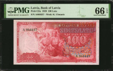 LATVIA. Bank of Latvia. 100 Latu, 1939. P-22a. PMG Gem Uncirculated 66 EPQ.

Watermark of K. Ulmanis.

Estimate: $400.00-$600.00