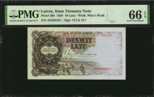 LATVIA. Treasury Note. 10 Latu, 1938. P-29b. PMG Gem Uncirculated 66 EPQ.

Estimate: $150.00-$200.00