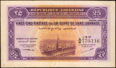 LEBANON. Republique Libanaise. 25 Piastres, 1942. P-36. Very Fine.

A Very Fine example of this Lebanese 25 Piastres note. Light stains and a margin t...
