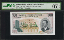 LUXEMBOURG. Banque Internationale a Luxembourg. 100 Francs, 1968. P-14A. PMG Superb Gem Uncirculated 67 EPQ.

Watermark of BIL. Printed by F-CO.

Esti...
