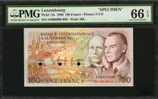 LUXEMBOURG. Banque Internationale a Luxembourg. 100 Francs, 1968. P-14s. Specimen. PMG Gem Uncirculated 66 EPQ.

Estimate: $200.00-$400.00