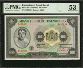 LUXEMBOURG. Grand Duche de Luxembourg. 100 Francs, ND (1934). P-39a. PMG About Uncirculated 53.

Grand Duchess Charlotte at left, with arms at right. ...