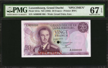 LUXEMBOURG. Grand Duche de Luxembourg. 20 Francs, ND (1982). P-54As. Specimen. PMG Superb Gem Uncirculated 67 EPQ.

Estimate: $125.00-$250.00