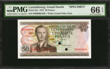 LUXEMBOURG. Grand Duche de Luxembourg. 50 Francs, 1972. P-55s. Specimen. PMG Gem Uncirculated 66 EPQ.

Estimate: $100.00-$200.00