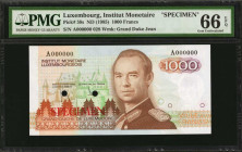 LUXEMBOURG. Institut Monetaire Luxembourgeois. 1000 Francs, ND (1985). P-59s. Specimen. PMG Gem Uncirculated 66 EPQ.

Estimate: $125.00-$175.00