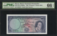 MACAU. Banco Nacional Ultramarino. 10 Patacas, 1963. P-50a. PMG Gem Uncirculated 66 EPQ.

Printed by BWC. Watermark of D.B. Carneiro.

Estimate: $50.0...