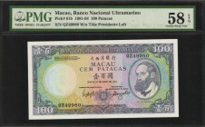 MACAU. Banco Nacional Ultramarino. 100 Patacas, 1881-84. P-61b. PMG Choice About Uncirculated 58 EPQ.

Without title of "Presidente" at left.

Estimat...