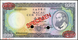 MACAU. Banco Nacional Ultramarino. 100 Patacas, 1984. P-61s. Specimen.

Mounting remnants are noticed.

Estimate: $250.00-$450.00
