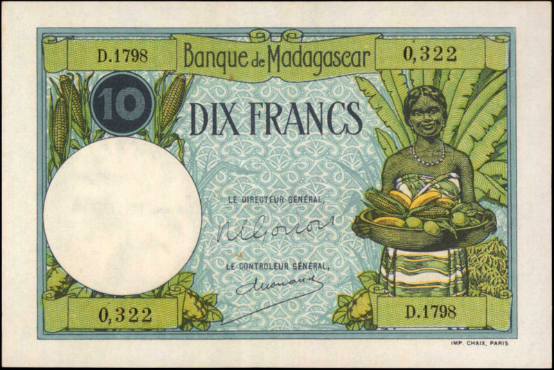 MADAGASCAR. Banque de Madagascar. 10 Francs, ND (1937-48). P-36. Very Fine.

Min...