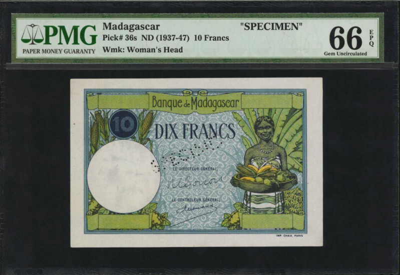 MADAGASCAR. Banque de Madagascar. 10 Francs, ND (1937-47). P-36s. Specimen. PMG ...