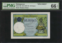 MADAGASCAR. Banque de Madagascar. 10 Francs, ND (1937-47). P-36s. Specimen. PMG Gem Uncirculated 66 EPQ.

Specimen perforations. Without serial number...