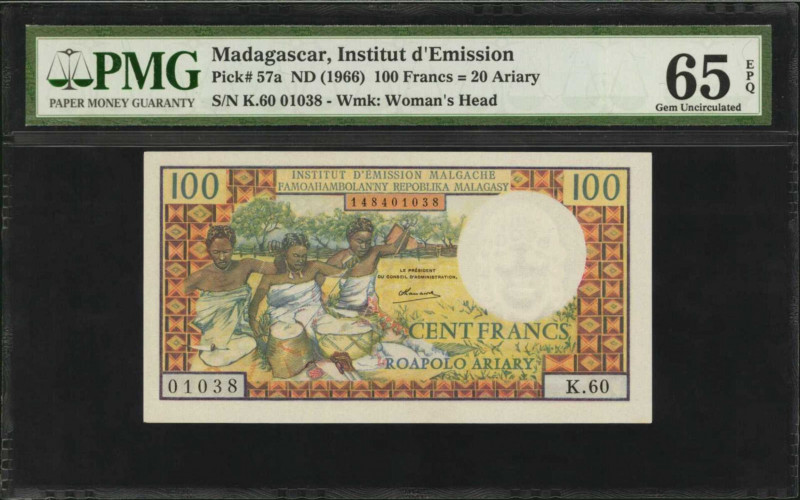 MADAGASCAR. Institut D'Emission. 100 Francs, ND (1966). P-57a. PMG Gem Uncircula...