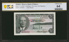 MALAWI. Reserve Bank of Malawi. 5 Shillings, 1964. P-1. PCGS Banknote Choice Uncirculated 64.

PCGS Banknote comments "Minor Adhesive Residue."

Estim...