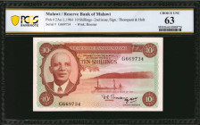 MALAWI. Reserve Bank of Malawi. 10 Shillings, 1964. P-2Aa. PCGS Banknote Choice Uncirculated 63.

PCGS Banknote comments "Minor Adhesive Residue."

Es...