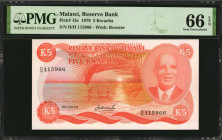 MALAWI. Reserve Bank of Malawi. 5 Kwacha, 1979. P-15c. PMG Gem Uncirculated 66 EPQ.

Estimate: $300.00-$500.00