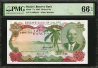 MALAWI. Reserve Bank of Malawi. 20 Kwacha, 1983. P-17a. PMG Gem Uncirculated 66 EPQ.

Estimate: $300.00-$500.00