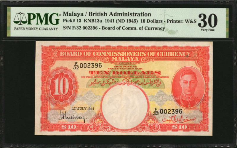MALAYA. Board of Commissioners of Currency. 10 Dollars, 1941 (ND 1945). P-13. PM...