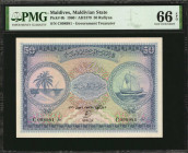 MALDIVES. Maldivian State. 50 Rupees, 1960. P-6b. PMG Gem Uncirculated 66 EPQ.

Estimate: $200.00-$300.00
