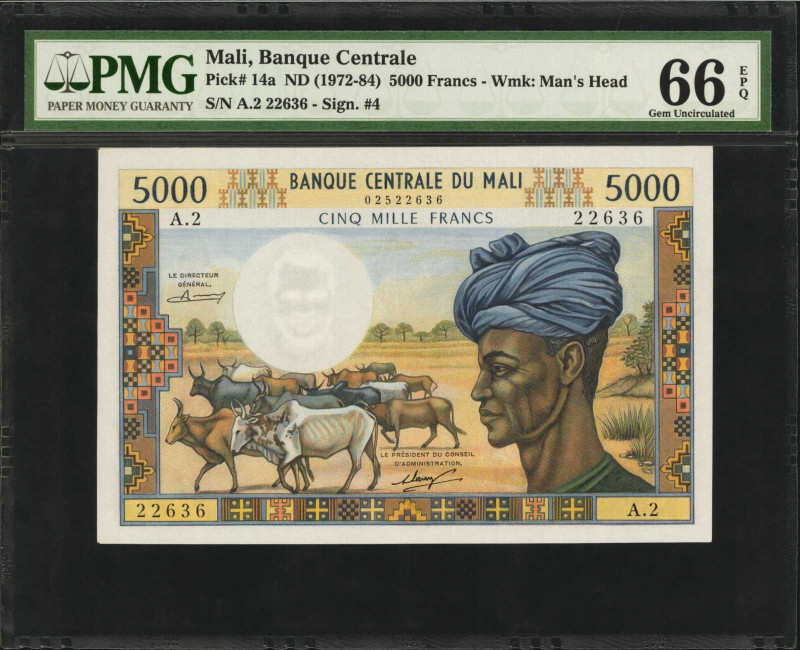 MALI. Banque Centrale du Mali. 5000 Francs, ND (1972-84). P-14a. PMG Gem Uncircu...