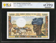 MALI. Banque Centrale du Mali. 5000 Francs, ND (1972-1984). P-14c. PCGS Banknote Gem Uncirculated 65 PPQ.

A bright and attractive example of this pop...