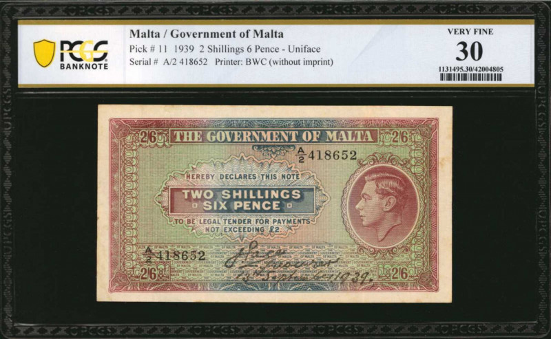 MALTA. Government of Malta. 2 Shillings 6 Pence, 1939. P-11. PCGS Banknote Very ...
