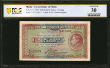MALTA. Government of Malta. 2 Shillings 6 Pence, 1939. P-11. PCGS Banknote Very Fine 30.

Uniface. PCGS Banknote comments "Minor Adhesive Residue."

E...