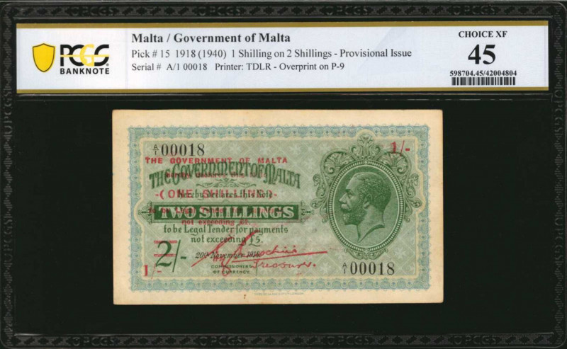 MALTA. Government of Malta. 1 Shilling on 2 Shillings, 1918 (ND 1940). P-15. PCG...