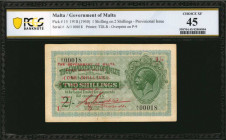 MALTA. Government of Malta. 1 Shilling on 2 Shillings, 1918 (ND 1940). P-15. PCGS Banknote Choice Extremely Fine 45.

Overprint on P-9. PCGS Banknote ...