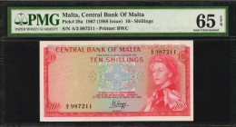 MALTA. Central Bank of Malta. 10 Shillings, 1967 (1968 Issue). P-28a. PMG Gem Uncirculated 65 EPQ.

Printed by BWC. Pack fresh appeal is noticed on th...