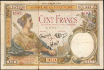 MARTINIQUE. Banque de la Martinique. 100 Francs, ND. P-13. Good.

An often difficult to locate higher denomination Martinique note. Two large margin t...
