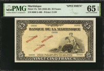 MARTINIQUE. Banque de la Martinique. 25 Francs, ND (1943-45). P-17s. Specimen. PMG Gem Uncirculated 65 EPQ.

Printed by EAW. Red specimen overprints w...
